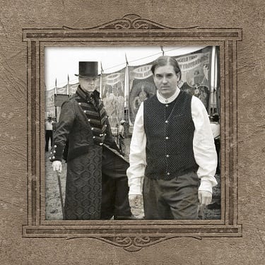 Edward Douglas and Gavin Goszka of Midnight Syndicate in a band photo for the "Carnival Arcane" album