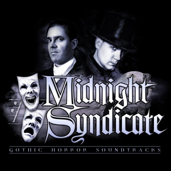 Midnight Syndicate Haunting Instrumental Composers, Gavin Goszka and Edward Douglas of Midnight Syndicate with band logo