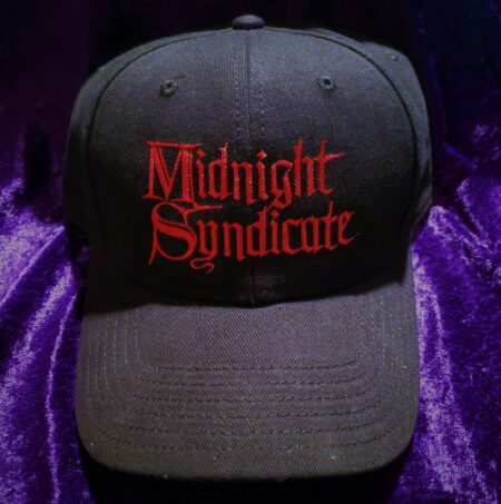 Black hat with Midnight Syndicate logo in red embroidery