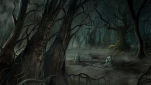 Detailed gothic landscape painting by Pascal Casolari of a misty, shadowy Northern forest and stone ruins, featured as the background artwork for the Midnight Syndicate album Plankett's Grove.