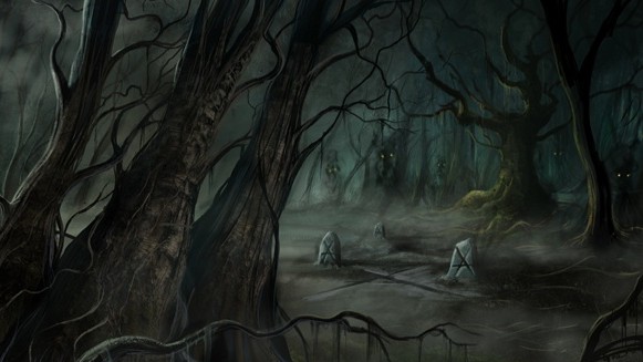 Detailed gothic landscape painting by Pascal Casolari of a misty, shadowy Northern forest and stone ruins, featured as the background artwork for the Midnight Syndicate album Plankett's Grove.