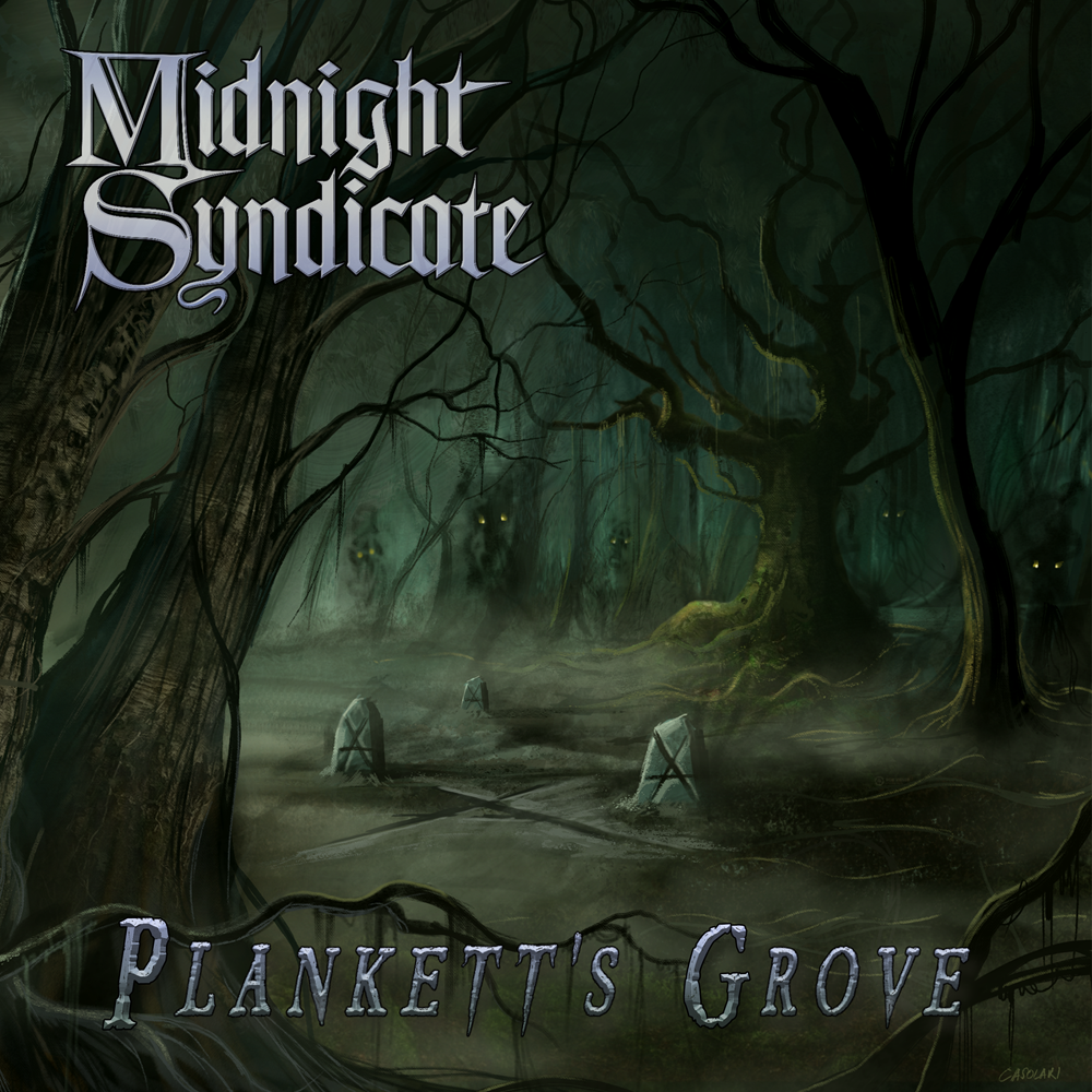Album cover artwork for Plankett's Grove by Midnight Syndicate showing a misty gothic forest and stone ruins.